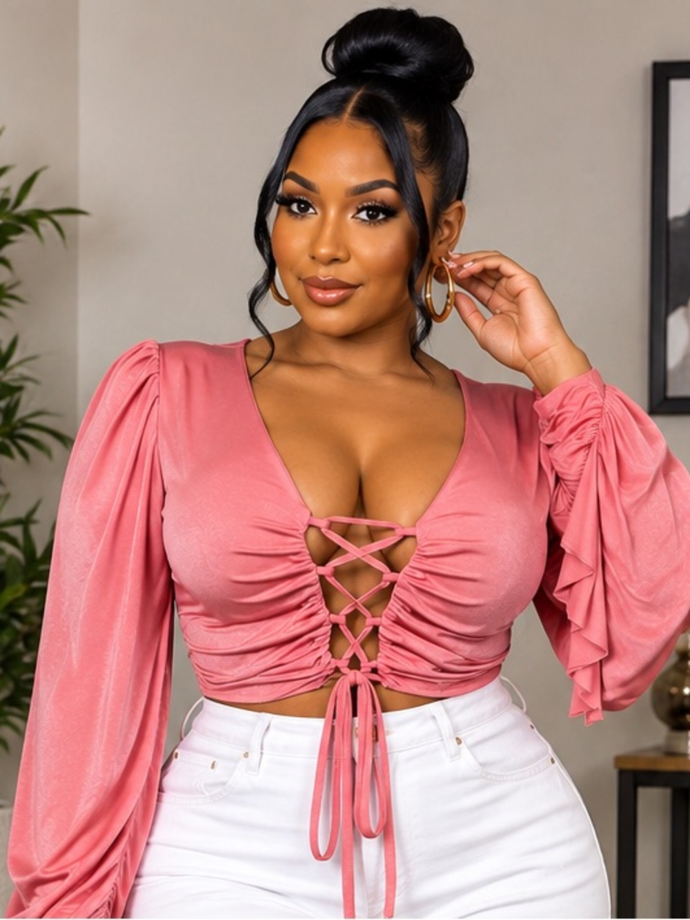 Women's Rose Pink Lace-Up Long Sleeve Crop Top